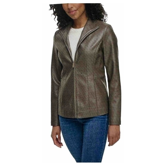 NWOT KENNETH COLE GRAY FAUX LEATHER STANDUP COLLAR ZIP JACKET Size M - Picture 1 of 14